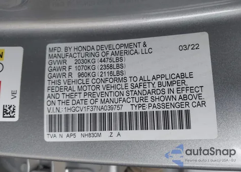 2022 Honda Accord Sport from USA, damaged, VIN 1HGCV1F37NA039757